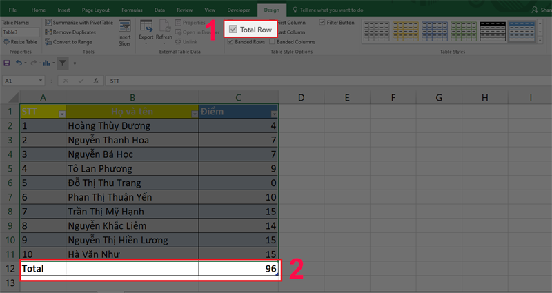 Chuyển đổi dữ liệu của bạn vào bảng Excel để có được tổng số của các cột