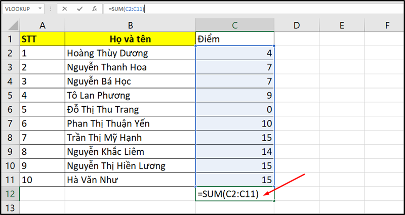 Cách tính tổng bằng nhập hàm SUM