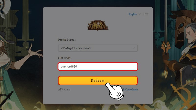 Nhập code và nhấn Redeem