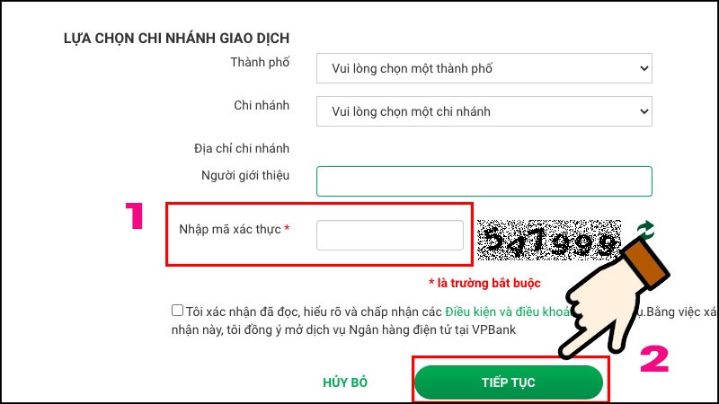 Nhập mã xác minh và nhấn tiếp tục
