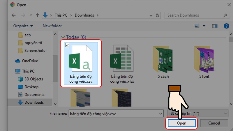 Chọn file CSV cần chuyển đổi > Nhấn chọn Open