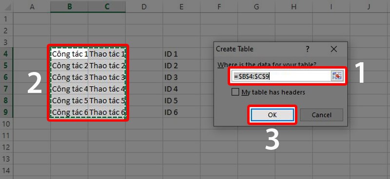 Chọn vùng dữ liệu trong hộp thoại Create Table