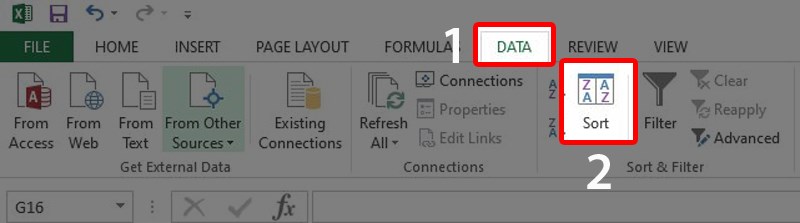  Trên tab Data, chọn Sort.