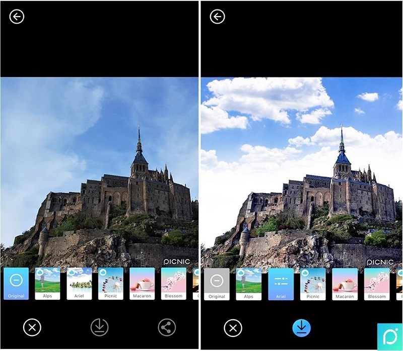 Ảnh trước và sau khi được chỉnh mây với ứng dụng Picnic