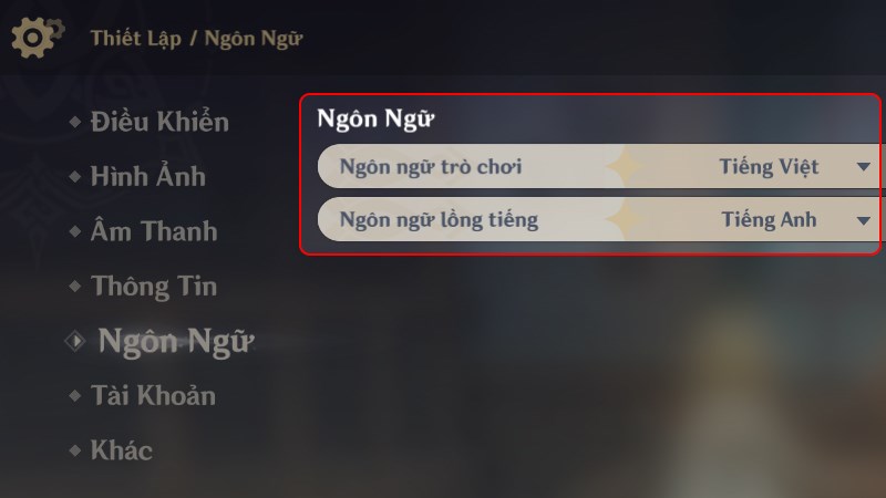 Kết quả thao tác chỉnh ngôn ngữ thành công