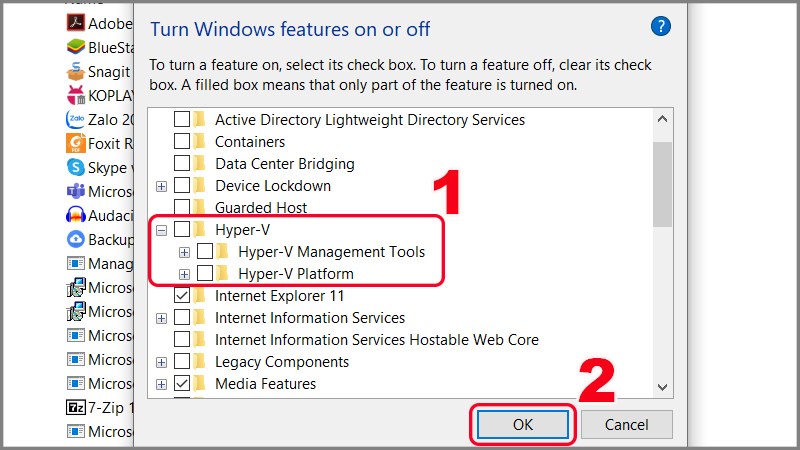 Nhấn vào Turn Windows features on or off