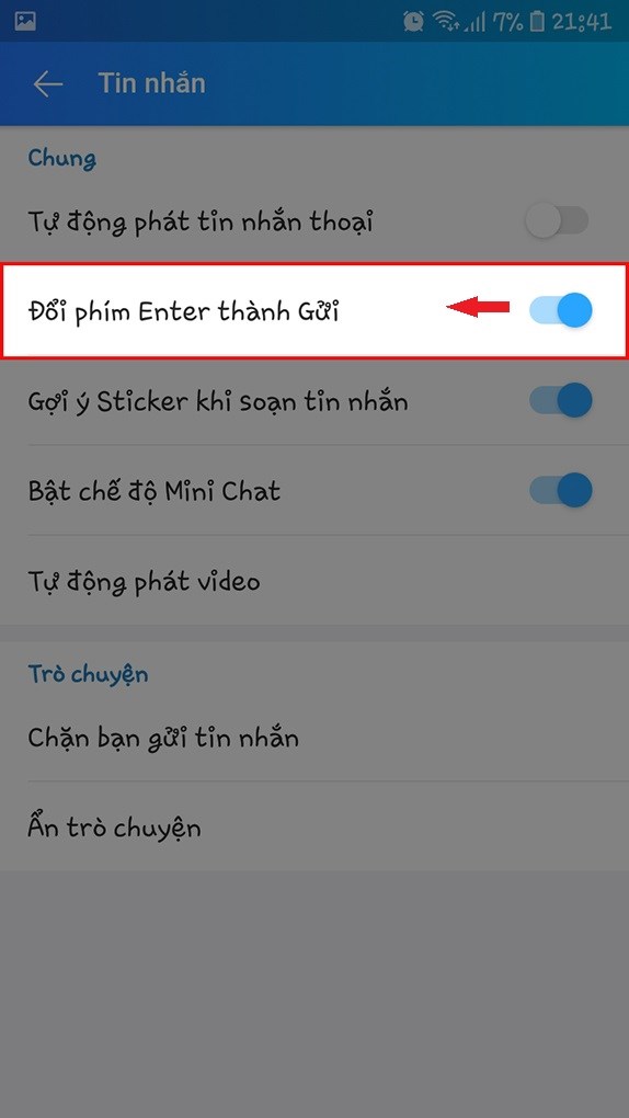 Gạt thanh trạng th&aacute;i mục&nbsp;Đổi ph&iacute;m Enter th&agrave;nh Gửi&nbsp;sang tr&aacute;i l&agrave; b&agrave;n ph&iacute;m của bạn đ&atilde; c&oacute; n&uacute;t enter để xuống d&ograve;ng khi nhắn tin.