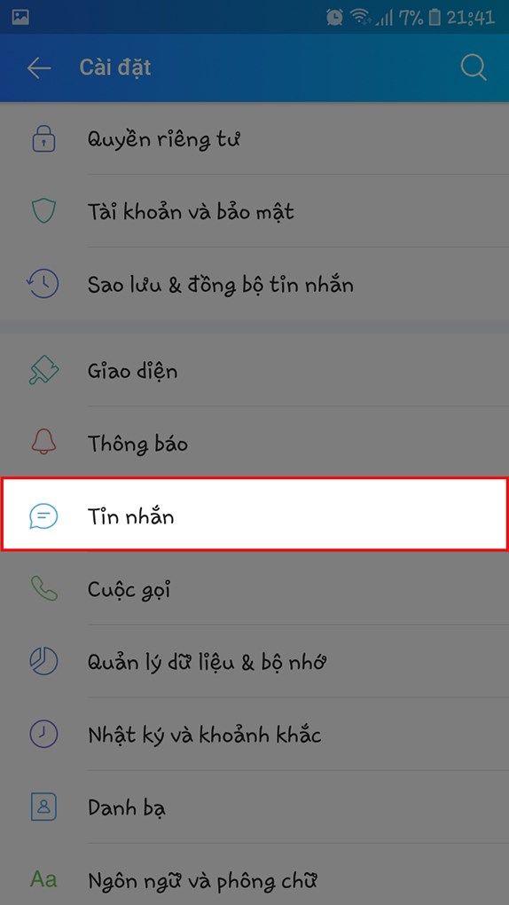 Chọn vào mục Tin nhắn.