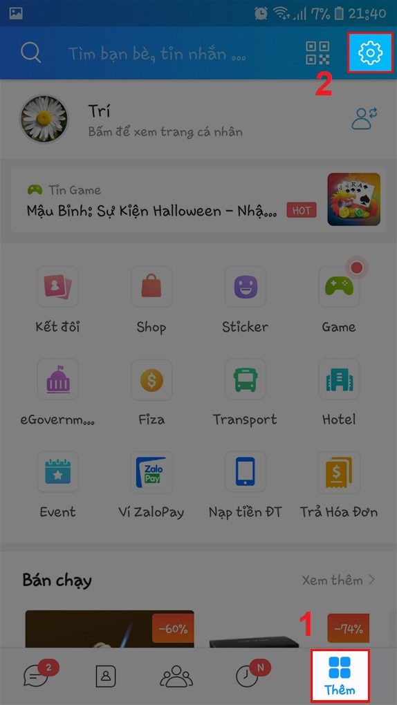 Nh&acirc;́n vào Th&ecirc;m b&ecirc;n góc dưới b&ecirc;n trái màng hình, sau đó nh&acirc;́n vào bi&ecirc;̉u tượng Cài đặt hình bánh răng ở góc tr&ecirc;n b&ecirc;n trái màng hình.