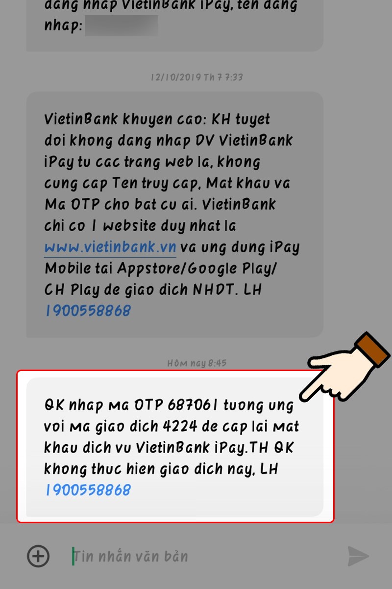 Hệ thống sẽ gửi mã giao dịch (mã OTP) về số điện thoại