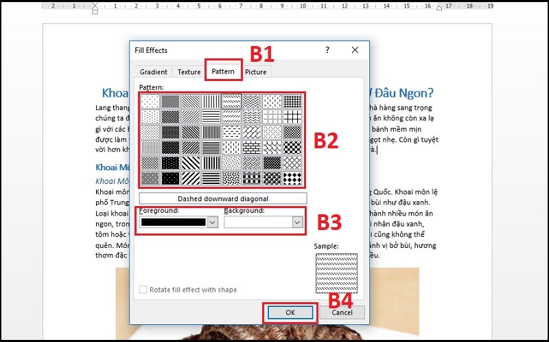 Tại mục Pattern chọn hình nền có hiệu ứng đổ màu theo mẫu