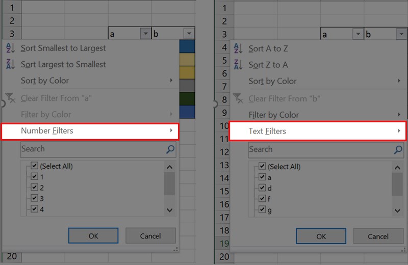 Click mũi tên ở đầu cột cần lọc, chọn Text Fillters hoặc Number Fullters.