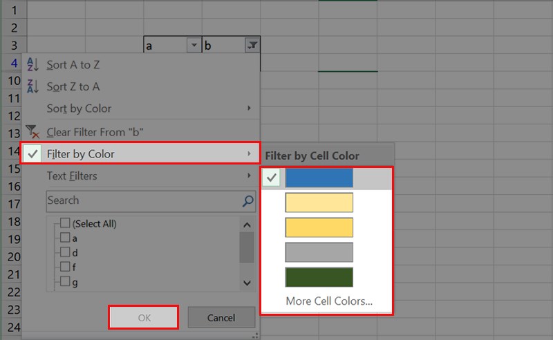 Rê chuột đến Filter by Color và chọn màu sắc ô hoặc chữ cần lọc