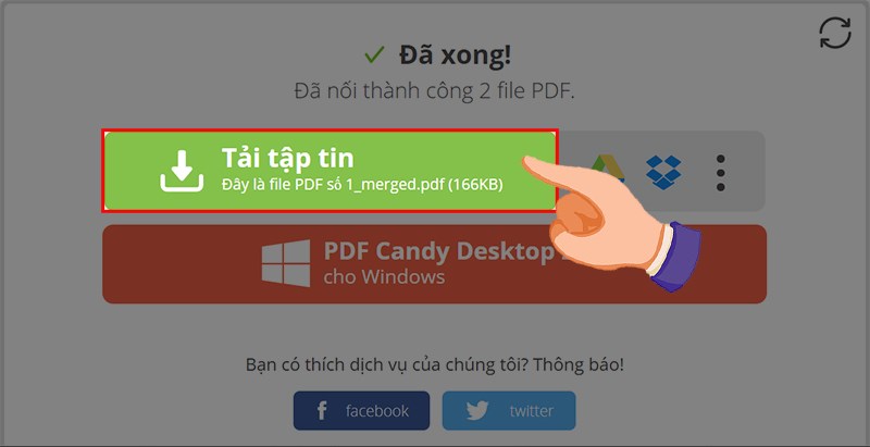 Chọn Tải tập tin để lưu file PDF đã ghép về máy.