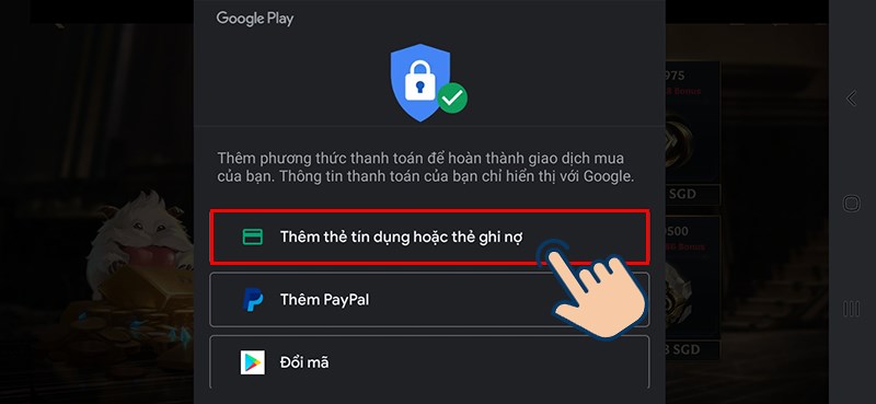 Chọn hình thức Thanh toán qua thẻ tín dụng hoặc thẻ ghi nợ.