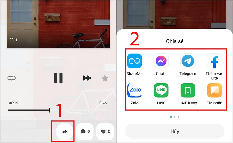 Nhấn n&uacute;t chia sẻ v&agrave; lựa chọn phương tiện