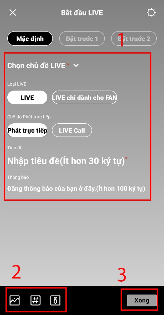 Điền c&aacute;c th&ocirc;ng tin cho buổi livestream