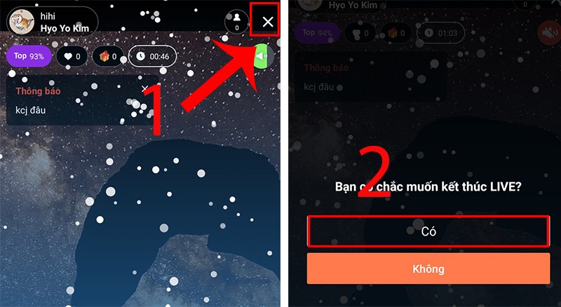 Nhấn dấu X v&agrave; chọn c&oacute; để tho&aacute;t livestream