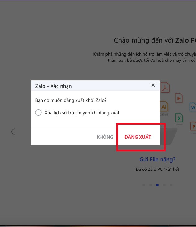 Xuất hiện bảng chọn đăng xuất Zalo Xuất hiện bảng chọn đăng xuất Zalo