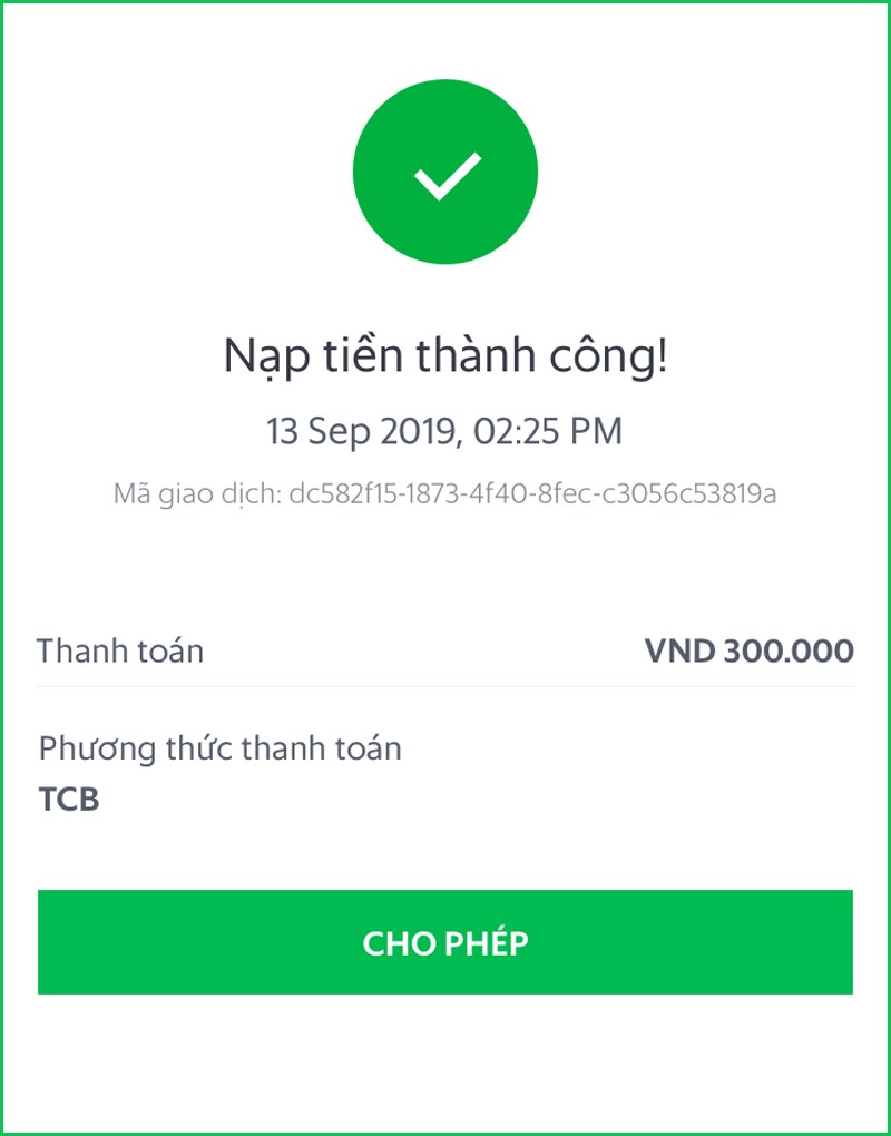 Thông báo nạp tiền thành công