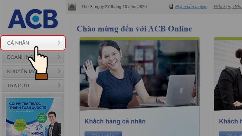 Truy cập vào website ACB Online > Nhấn chọn Cá nhân