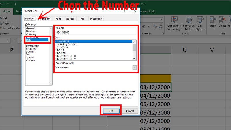 Hộp thoại Format Cells hiện lên, ở thẻ Number chọn mục Date, chọn theo định dạng bạn muốn và nhấn OK