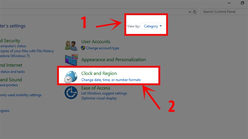 Trong của sổ Control Panel, chọn phần Category ở góc trên bên phải sau đó chọn dòngChange date, time, or number formats.