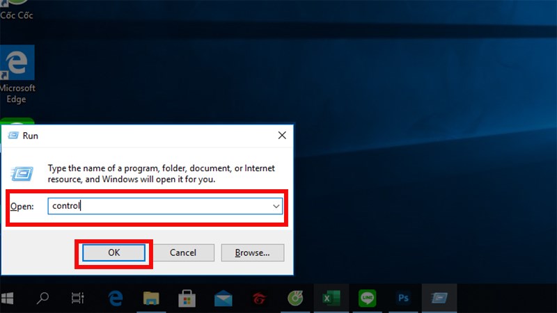 Hộp thoại Run hiện ra, sau đó ở phần Open nhập vào Control và nhấn Ok