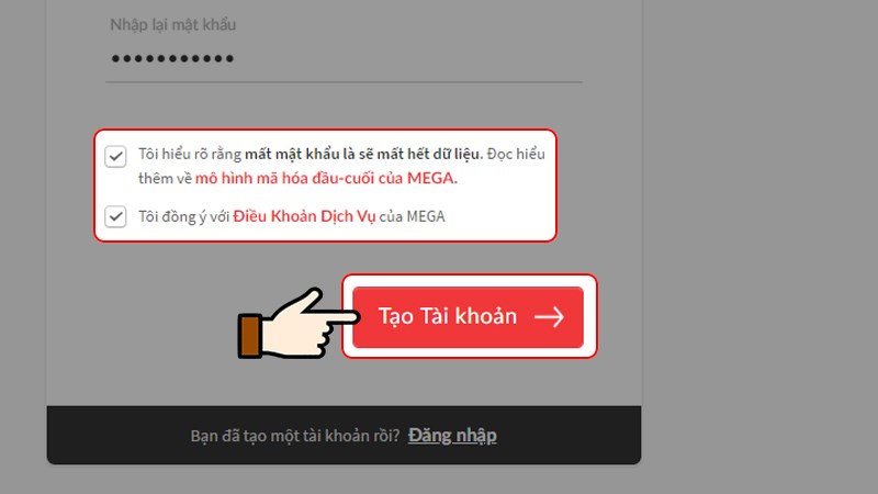 Tích chọn đồng ý với các điều khoản > Nhấn chọn Tạo tài khoản Tích chọn đồng ý với các điều khoản > Nhấn chọn Tạo tài khoản