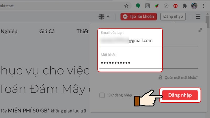 Tại giao diện chính, nhấn chọn Đăng nhập Điền email và mật khẩu tài khoản Mega > Nhấn chọn Đăng nhập