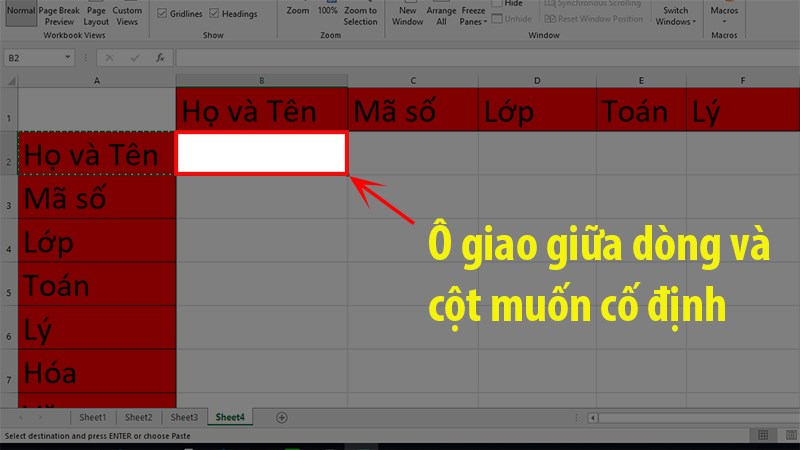 Chọn ô giao giữa dòng và cột tiêu đề