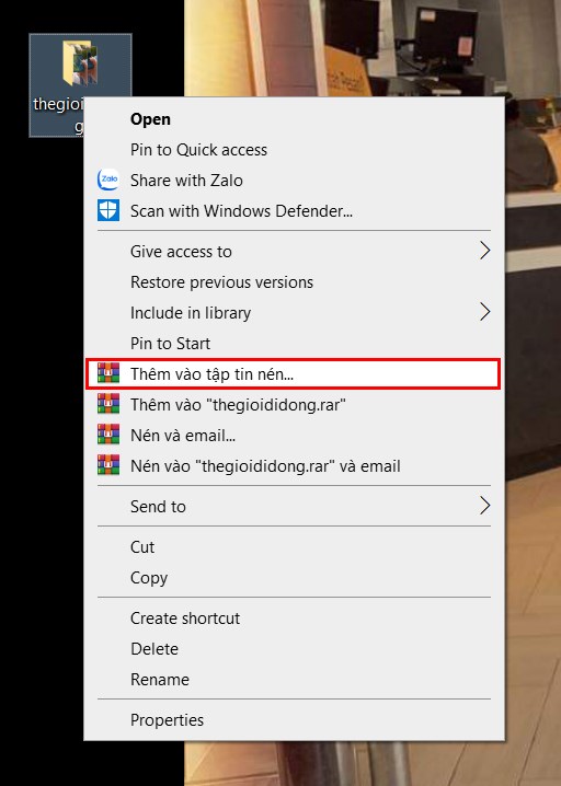 Nhấn chuột phải vào file chọn thêm vào tập tin nén
