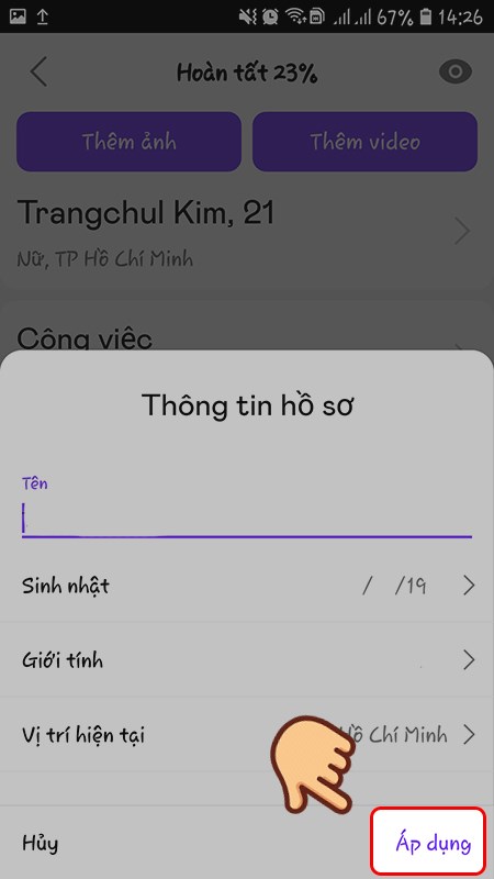 Chỉnh sửa thông tin cá nhân và chọn Áp dụng