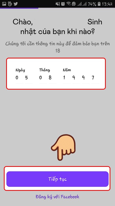 Chọn ngày tháng năm sinh và chọn Tiếp tục