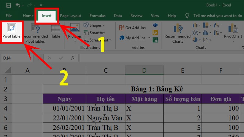 Mở thẻ Insert > Chọn PivotTable