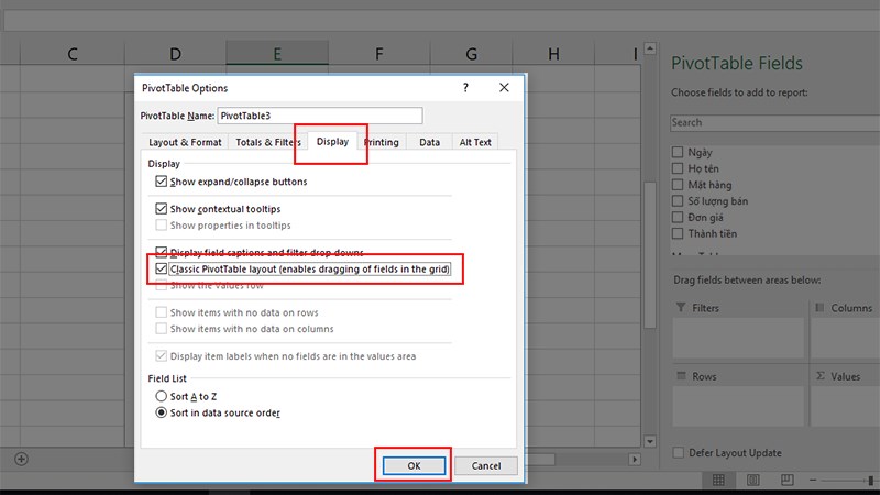 Hộp thoại PivotTable Options hiện lên > Chọn thẻ Display > Chọn Classic PivotTable layout (enables dragging of fields in the grid) > Nhấn Ok.