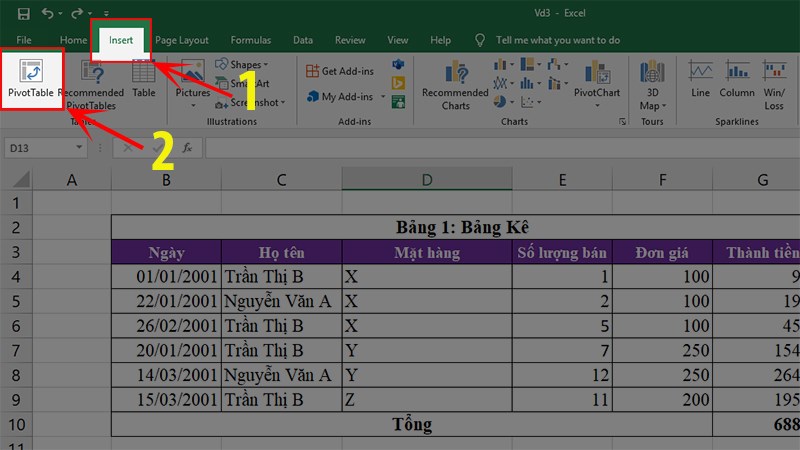 chọn thẻ Insert > Chọn PivotTable