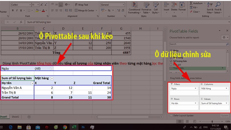 Bảng PivotTable sau khi đã kéo dữ liệu vào