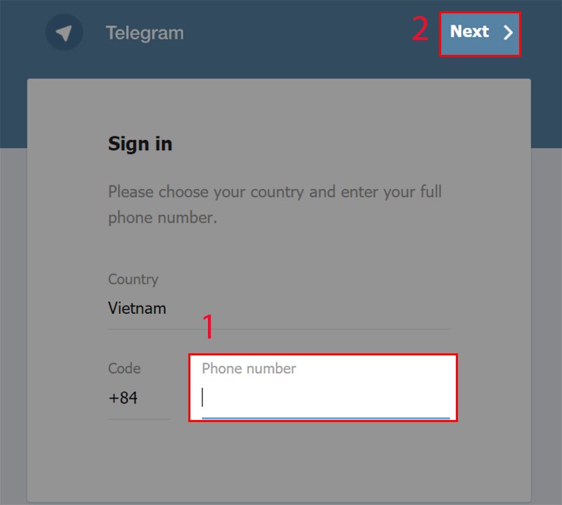 Truy cập vào trang web Telegram, điền số điện thoại sau đó ấn Next.