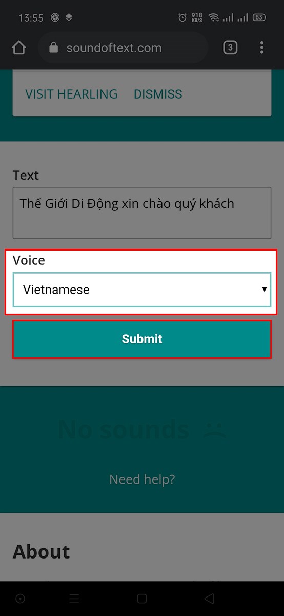Chọn ngôn ngữ ở mục voice và nhấn Submit