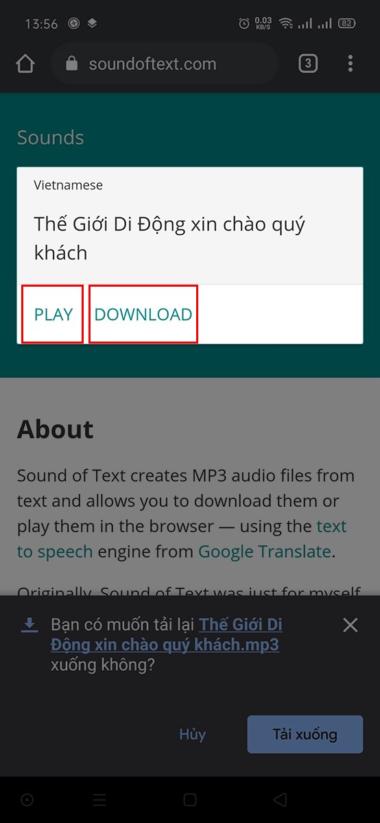 Nhấn Play để nghe thử và Download để tải về điện thoại