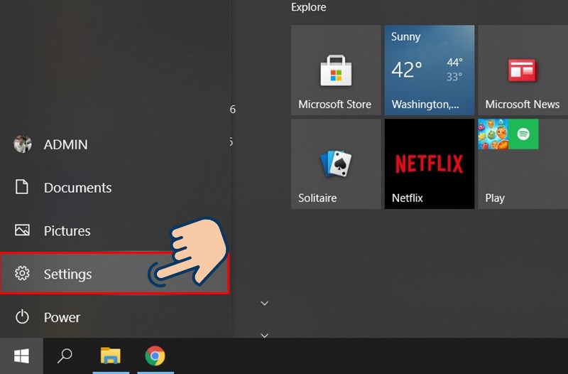 Đầu tiên bạn truy cập vào menu Start, sau đó bấm chọn Settings.