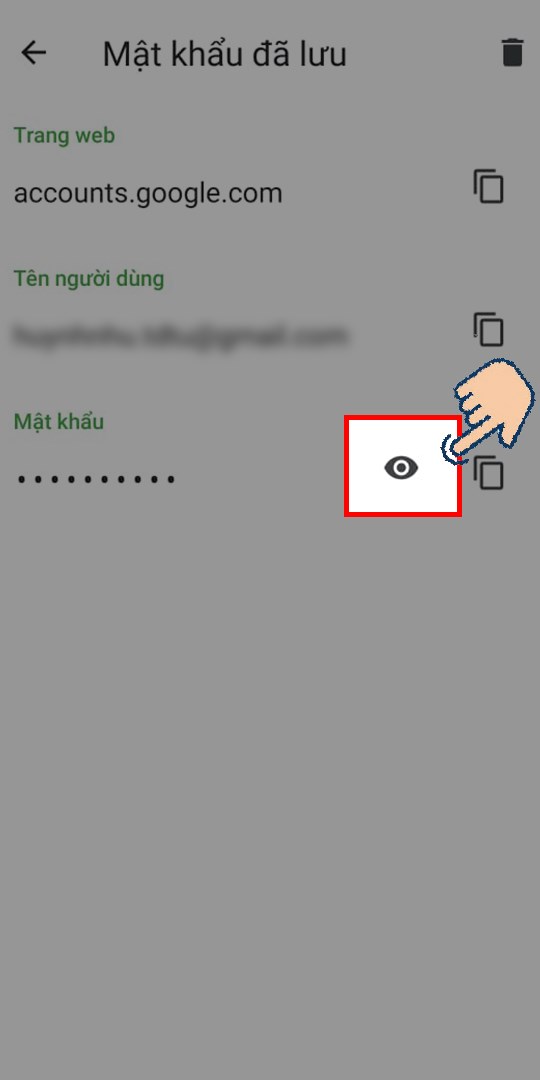 Chọn biểu tượng mắt để xem mật khẩu đã lưu. Chọn biểu tượng mắt để xem mật khẩu đã lưu.