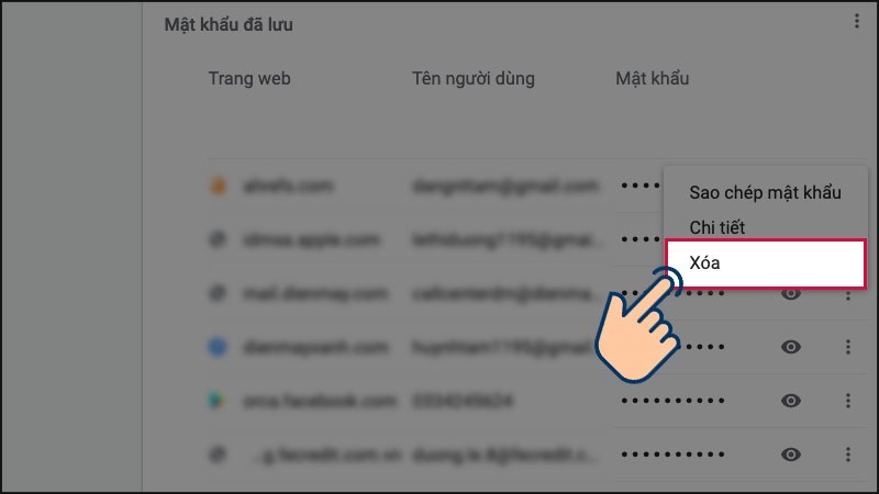 Để xóa mật khẩu đã lưu, bạn hãy nhấn vào biểu tượng 3 chấm > Chọn Xóa. Để xóa mật khẩu đã lưu, bạn hãy nhấn vào biểu tượng 3 chấm > Chọn Xóa.