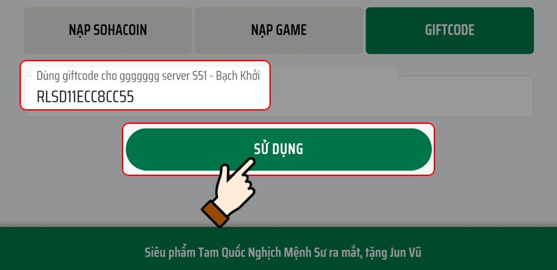 Nhập mã code và nhấn chọn Sử dụng