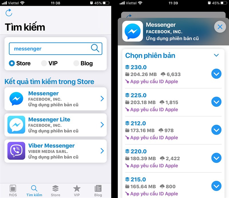 Tìm từ khóa Messenger và chọn phiên bản