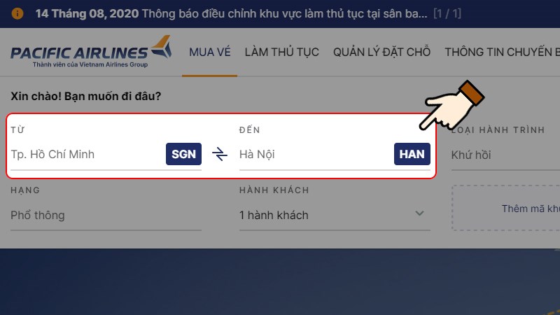 Nhập địa điểm đi và địa điểm đến