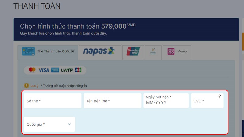 Nhập thông tin tài khoản thẻ thanh toán quốc tế
