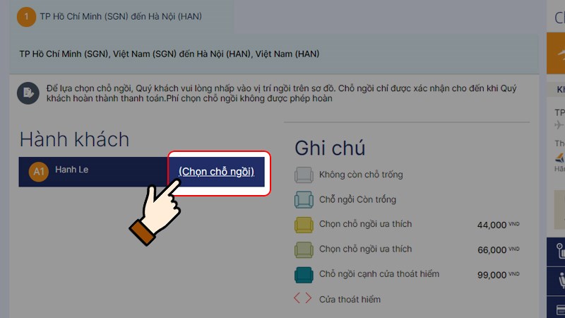 Nhấn Chọn chỗ ngồi và chọn vị trí ghế theo nhu cầu