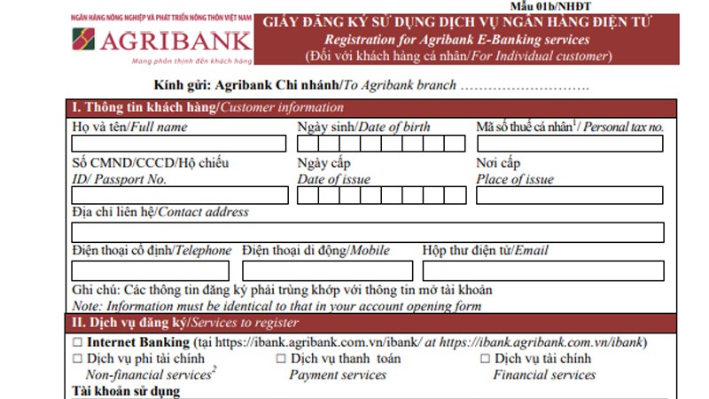 Mẫu đăng ký dịch vụ Agribank E-